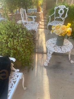 White Cast Iron Patio Chairs and Table Set