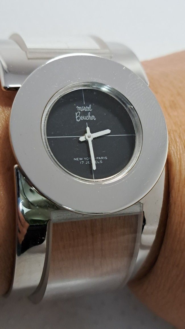 1960s Marcel Boucher NY Paris Lucite Hinged Cuff Bracelet Watch 17 Jewel Wind-Up