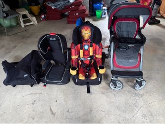 Graco stroller, high back car seat and Cartier with wheels