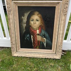 Antique Vintage Oil Painting 1950’s Girl With Candle Framed Signed Carmello