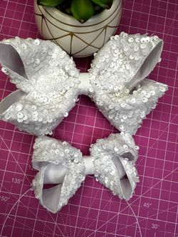 White Sequin Hair Bow for Girls - Large Glitter Bow with Alligator Clip, Elegant