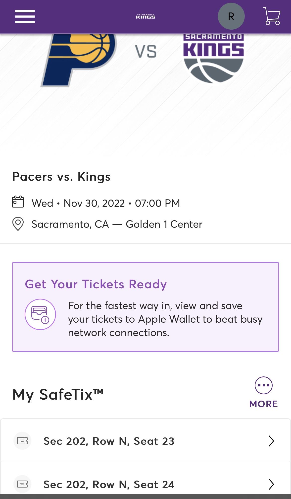 Kings Vs Pacers Upper Level Tickets 