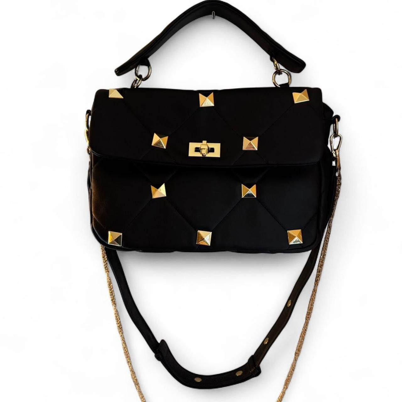 Luxury Large Quilted Black Leather w/Gold Roman Studs Flap Shoulder Bag NEW