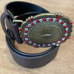 Women Floral brown leather Rhinestone Decor Vintage  Buckle Belt SZ3/4