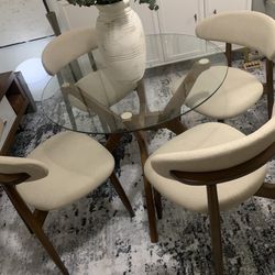 Modern Walnut/Beige Dinning Table Set Of 4 Chairs 