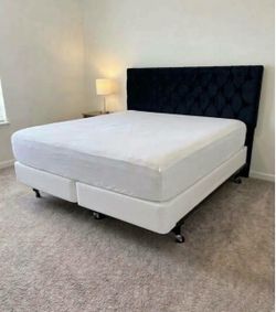 King Bed Frame with Tufted Black Velvet Headboard and mattress