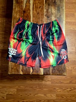 Evil Vice Flame Print Mesh Shorts Red/Green/Black - Size XL