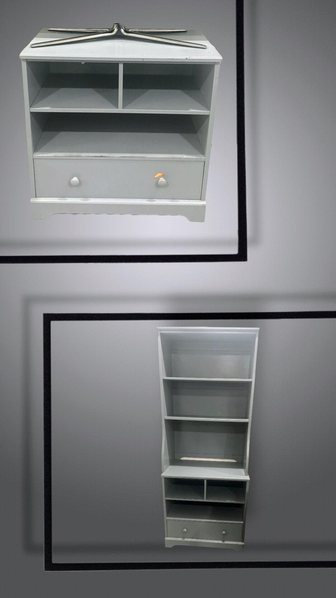 Multipurpose table with shelves and drawers, one comes with a hutch