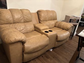Tan Leather Reclining Loveseat with Console