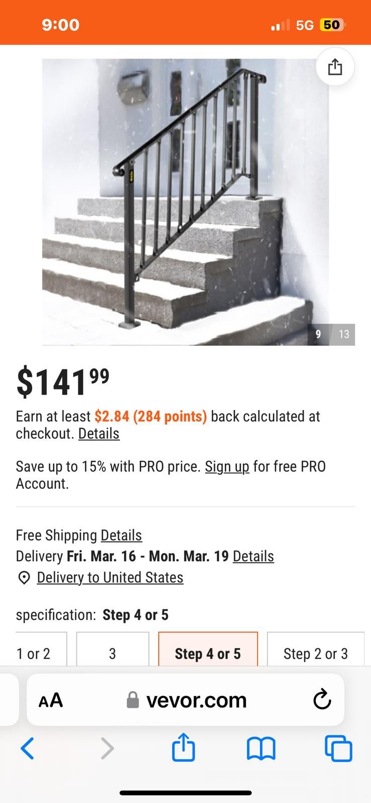 Vevor Iron Handrail For 4-5 Steps