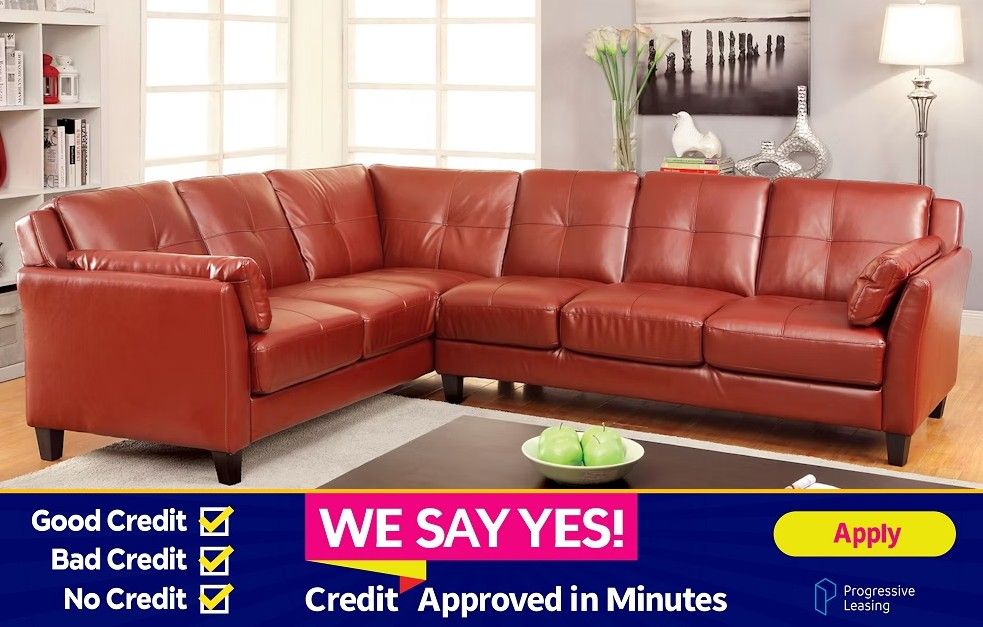NO CREDIT NEEDED! Peever Mahogany Red Leatherette Couch Sofa Sectional