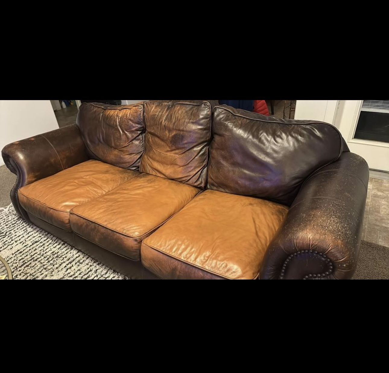 Large Leather Couch - Very Used Condition (Cat Scratches)