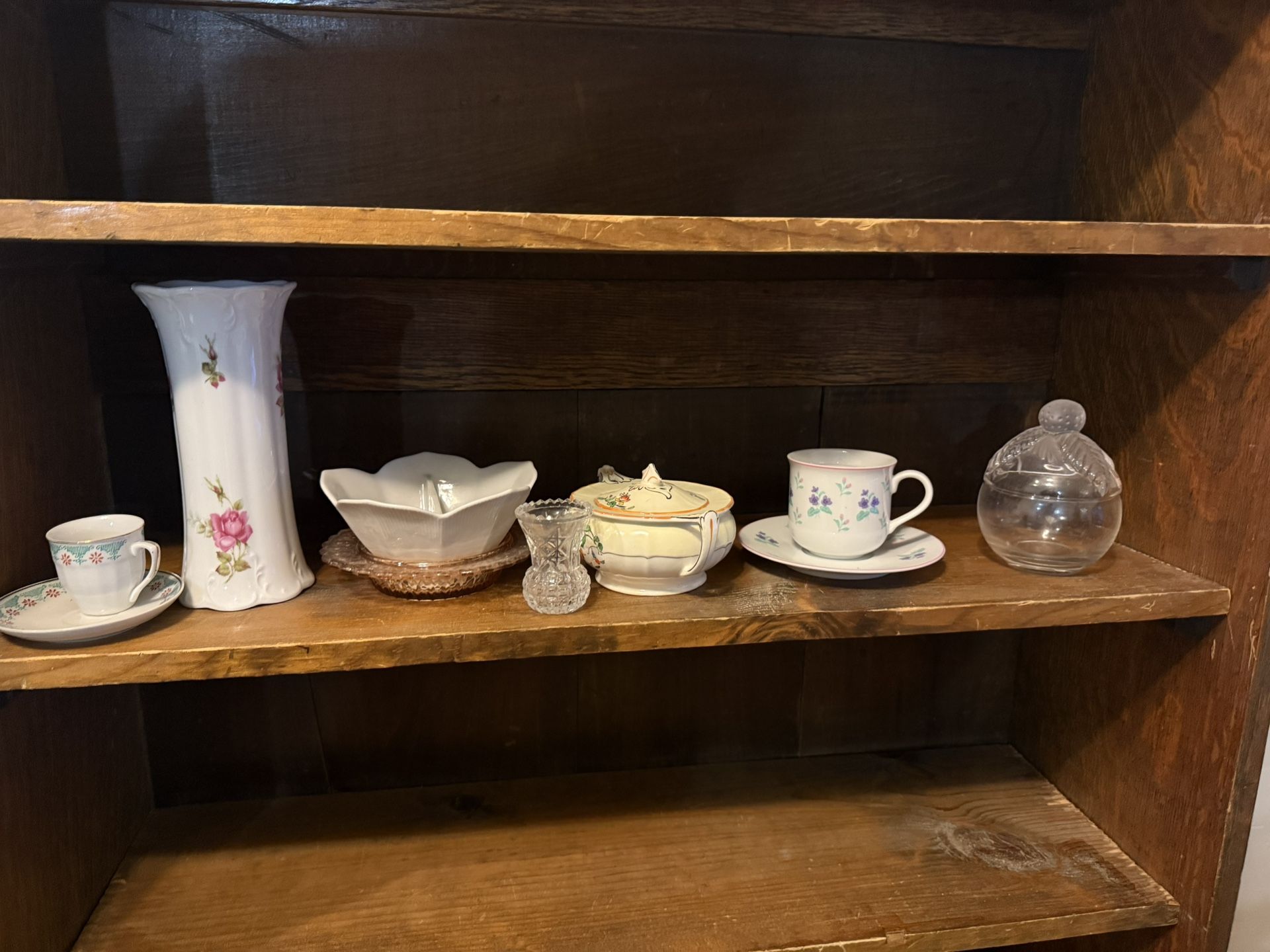 Antique china vase, sugar bowl cups & more