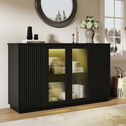 55'' Sideboard Buffet Credenza with Glass Doors LED Light Fluted Adjustable Shelves,Black
