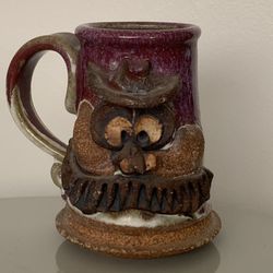Vintage Signed Ooak Face Folk Art Americana Stoneware Glazed Mug Cup Drinking Vessel Decor Sculpture Ceramics