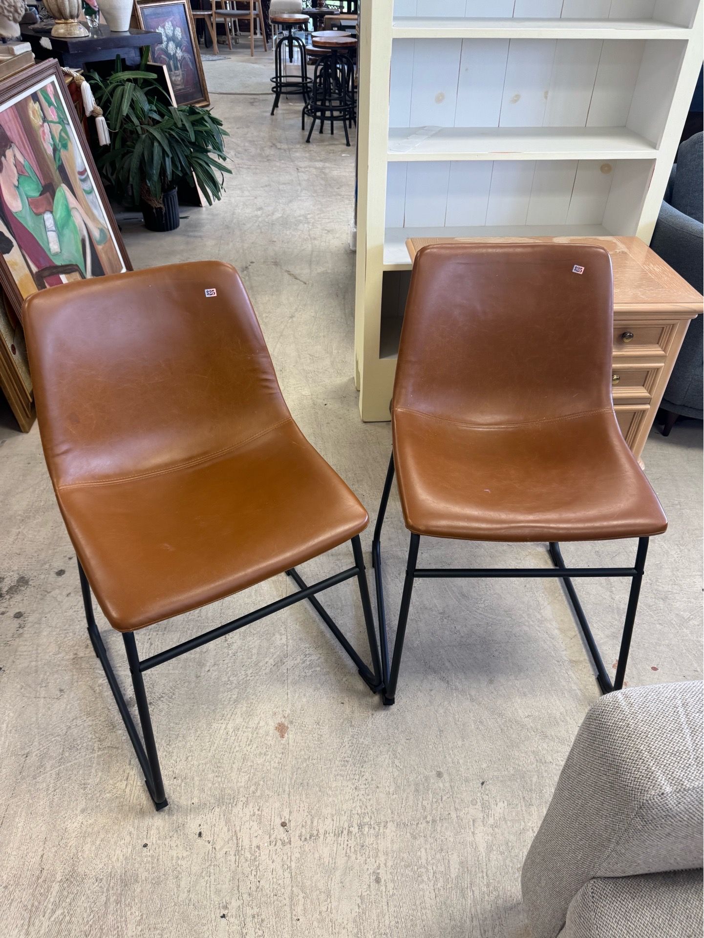 Dining Chair in Saddle Brown Faux Leather, Black Legs (Set of 2) - Retail: $180