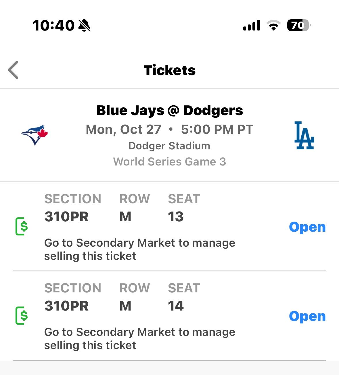 (2) Dodgers World Series Tickets For Game3. 1st Dodger Home Game On 10/27. 