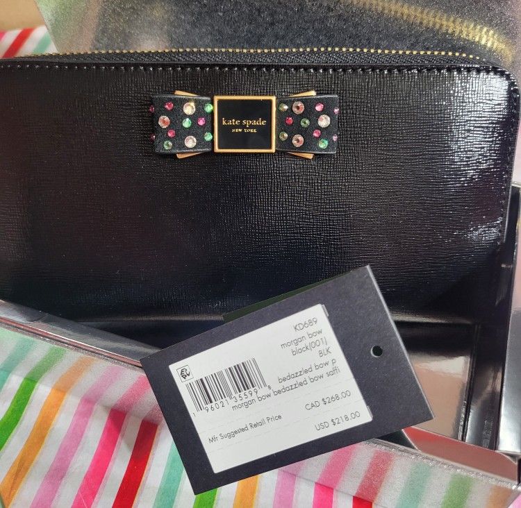 Kate Spade Morgan Bedazzled Bow Saffiano Leather Zip Around Continental Wallet ♤ Comes In Signature Kate Spade Sparkly Box