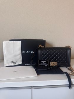 Authentic Chanel Boy Bag Black Quilted Lambskin Aged Gold – Full Set