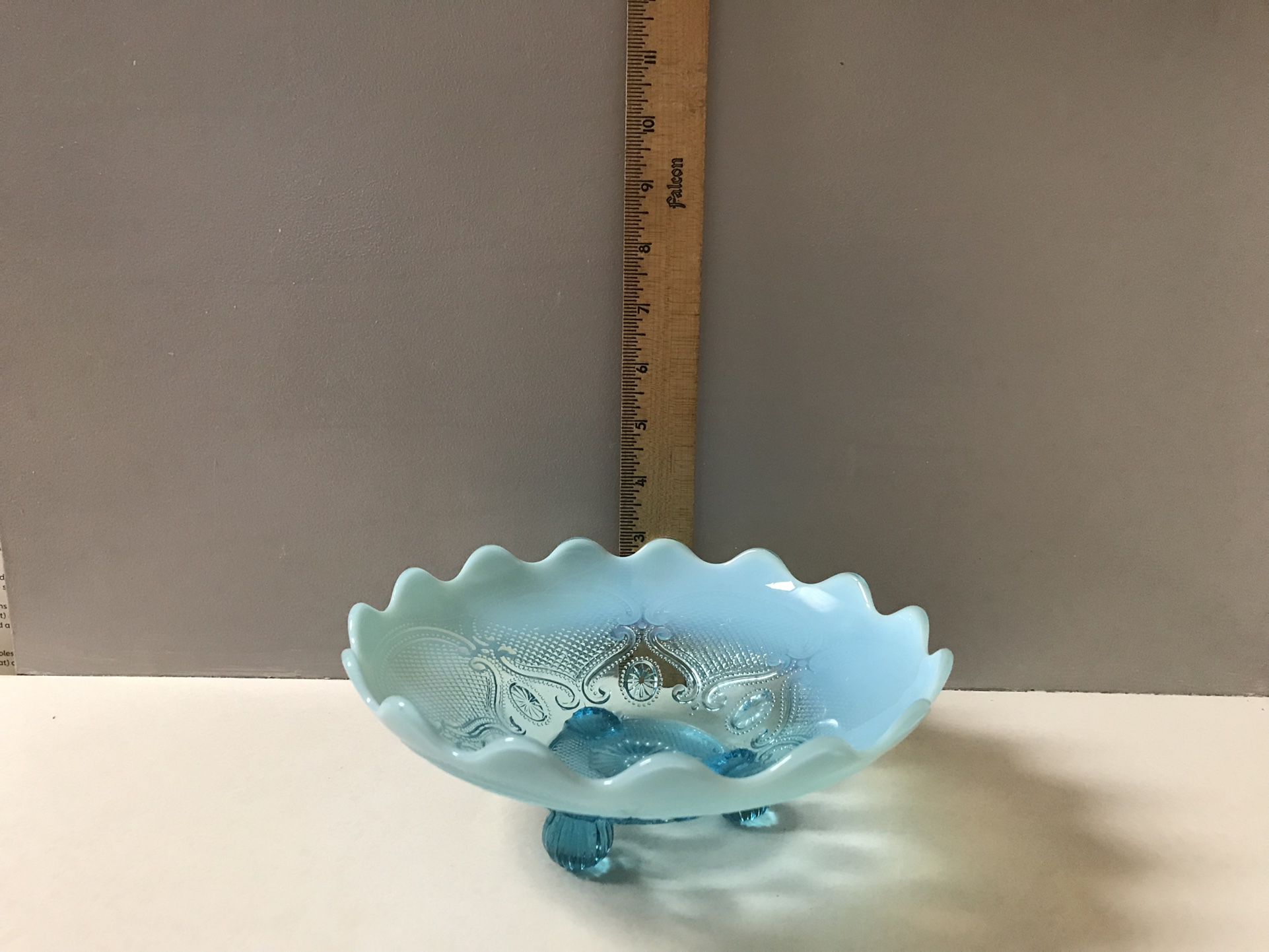 Blue Opalescent Ruffled Top Bowl 