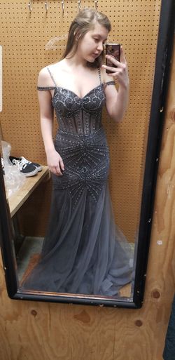 Charcoal grey beaded and lace prom dress