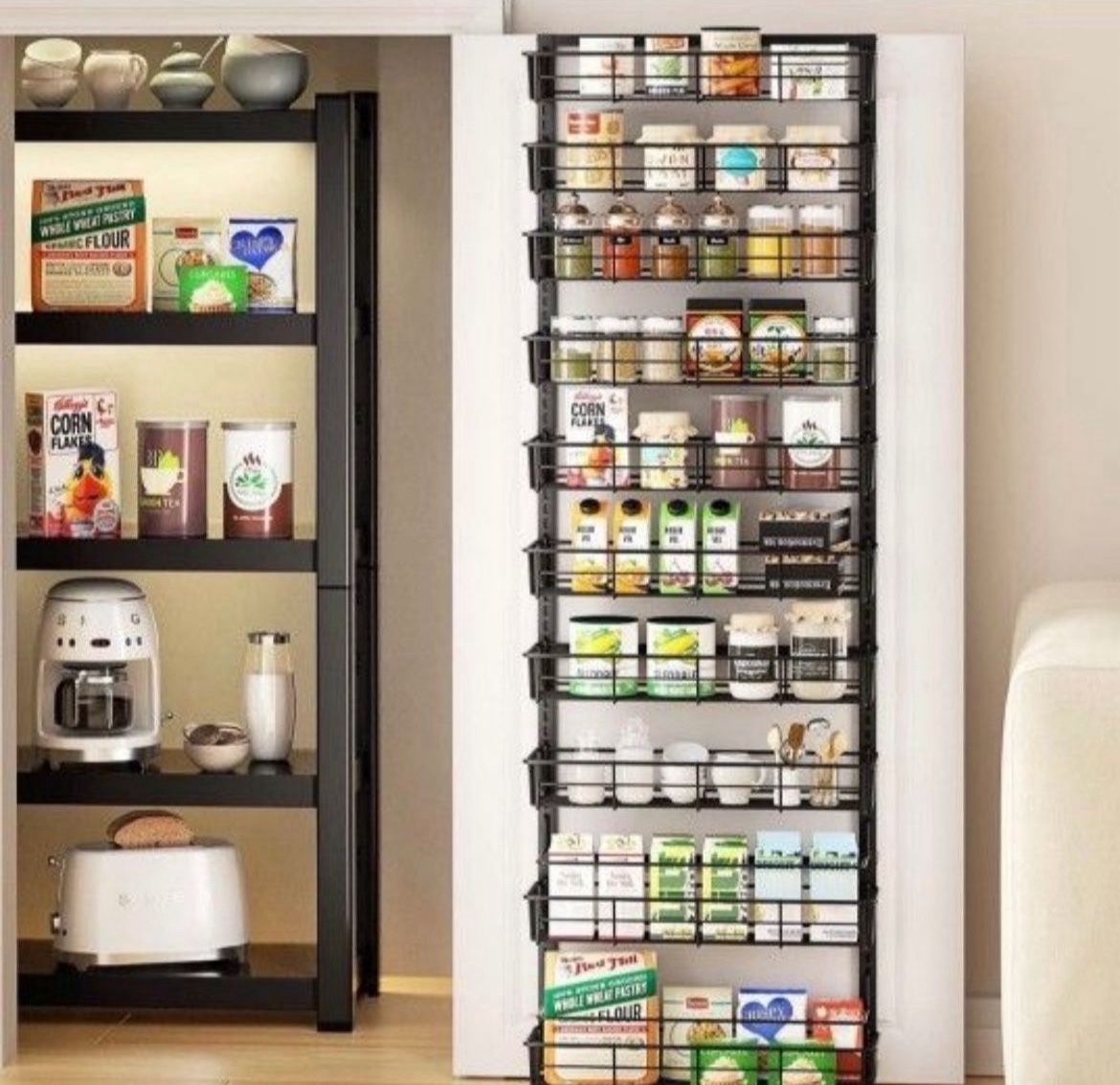 Over the Door Pantry Organizer, 10-Tier Adjustable Baskets Pantry Organization, Metal Door Shelf with Detachable Frame 