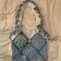 Crochet Blue Button Tote Bag