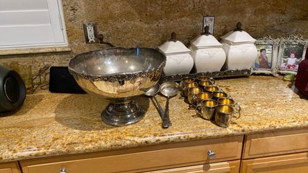 Silver Plated Punch Bowl with Cups and Serving Spoons