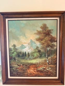 Vintage Signed “Harvey” Mountain Landscape Painting on Canvas – Framed