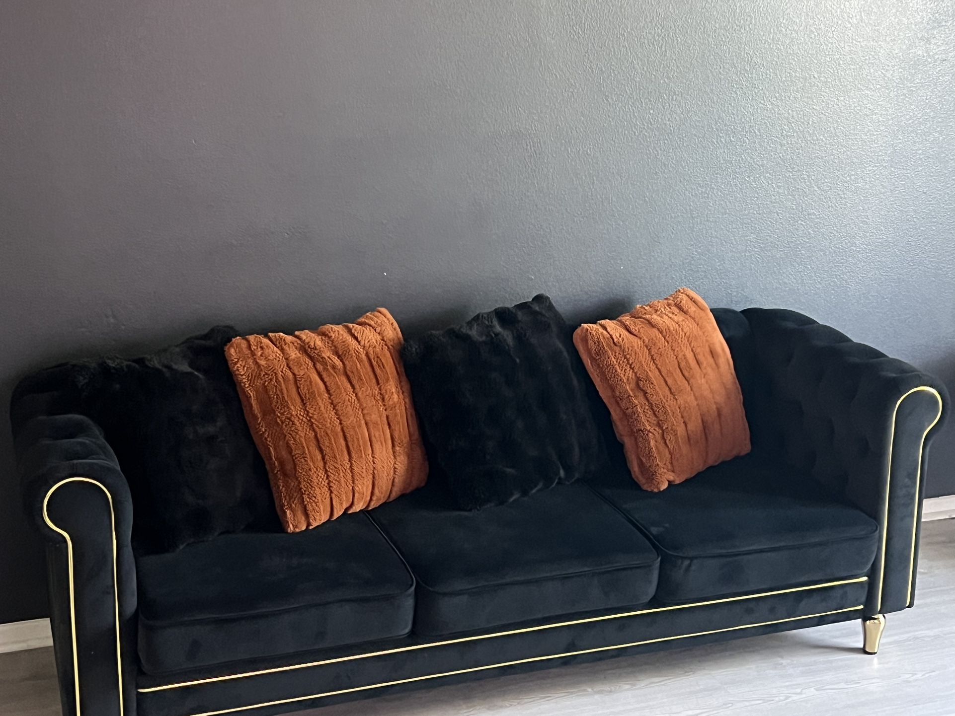 Black Velvet Roll Arm Sofa With 2 Side Chairs