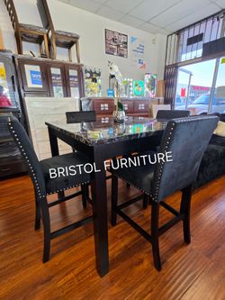 ⚽️ Dining Set 5 Pc, Black Faux Marble Top, Black Velvet Chairs, Counter Height, New in the Box.