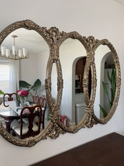 Vintage Mid Century gold triptych oval mirror