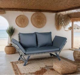 2-Person Wicker Outdoor Bench Patio Loveseat with Gray Cushions, Porch Extendable Foldable Bench Sofa Lounge Chairs  Brand new in box - Assembly is re