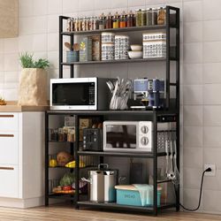 Kitchen Bakers Rack with Baskets and Power Outlet,5-Tier Kitchen Utility Storage Shelf with Hooks, Microwave Oven Stand Rack,Vintage Grey Free Standin