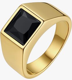 Solid Stainless Steel Mens Signet Ring Black Onyx Sizes 7-13
