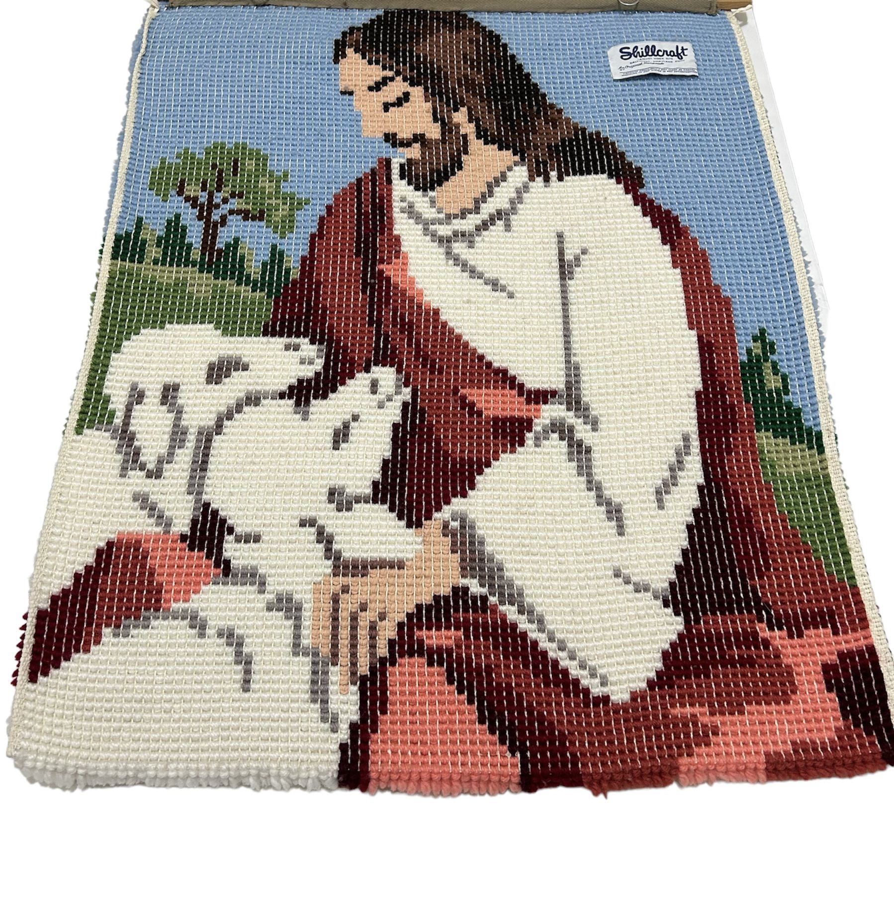 Shillcraft Latchet Hook Wall Decor JESUS Lambs VTG Shag Yarn Rug Kit Completed