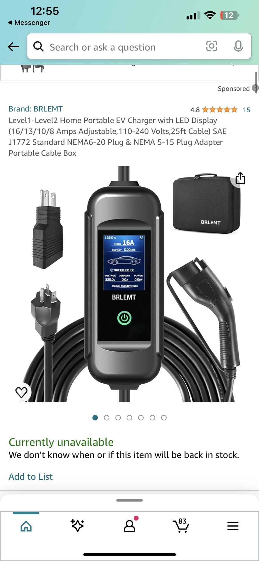 Level1-Level2 Home Portable EV Charger with LED Display (16/13/10/8 Amps Adjustable,110-240 Volts,25ft Cable) SAE J1772 Standard NEMA6-20 Plug & NEMA