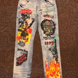 Men's Light Blue Graphic Print Straight Jeans Flames Skull Street Art 1990s