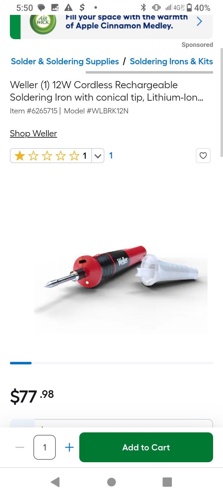 Weller (1) 12W Cordless Rechargeable Soldering Iron with conical tip, Lithium-Ion Battery