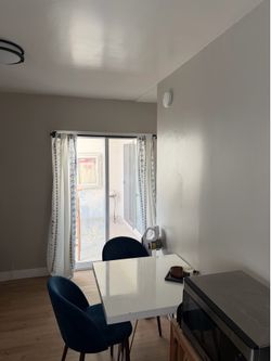 White Dining Table + 2 Blue Velvet Dining Chairs