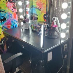Black Vanity Mirror And Desk With USB Port/Dimmer