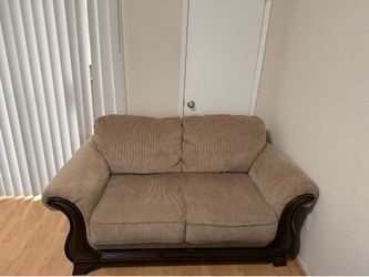 Ashley Loveseat Sofa – Beige Fabric & Dark Wood Trim