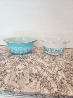 2 Vintage Pyrex Butterprint Turquoise  Casserole