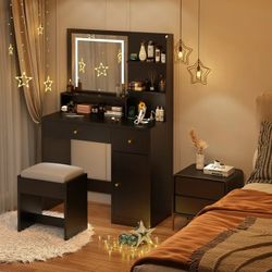 ChVans Black Vanity Desk with Lighted Mirror & Charging Station, Vanity Table Set w/3 Storage Shelves,2 Drawers,Storage Cabinet & Makeup Vanity Cushio