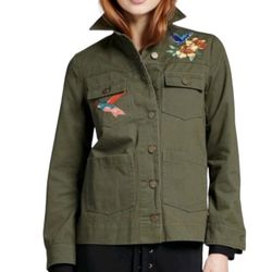 Who What Wear Olive Green Flower & Bird Embroidered Utility Jacket size M Floral