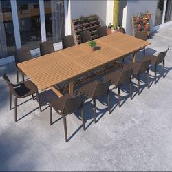 BRAND NEW 118 Inch Rectangular Patio 13 Piece 100% FSC Solid Wood Patio Dining Teak Finish Table With Brown Chairs | Ideal Furniture Set For Outdoor