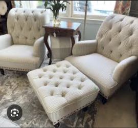 2 Pier 1 seersucker chas striped chairs, green, cream, gray tones. 2 available for $350 ea $600 both