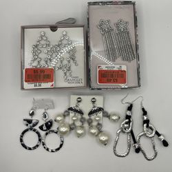 Lot Of 5 Pierced Earrings- Silver Tone, Black, Rhinestone, Acrylic NIB Msrp $30+