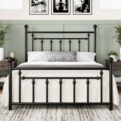 Full Size Metal Platform Bed Frame with Victorian Vintage Headboard and Footboard