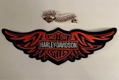 Harley Davidson Motorcycles Orange Black Wings Patch and Harley Davidson Ribbon Sticker-Both Unused